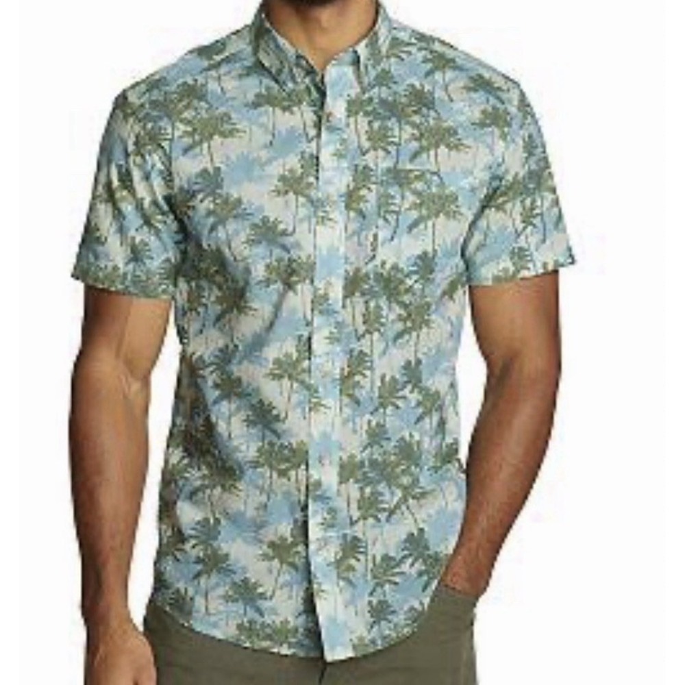 Eddie Bauer Baja Shirt Mens S Blue Olive Green Palm Trees Print Button Down NWT.